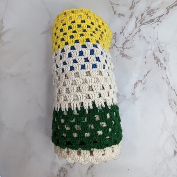 Vintage Crochet Blanket Throw Afghan Retro Brown Yellow Cream Blue Boho Stripe - Picture 3 of 13